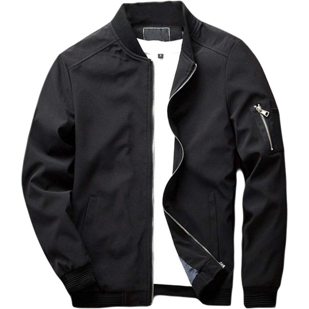 Men's Slim Fit Wear Lightweight Black #2 Bomber Jacket Coat Zipper Closure